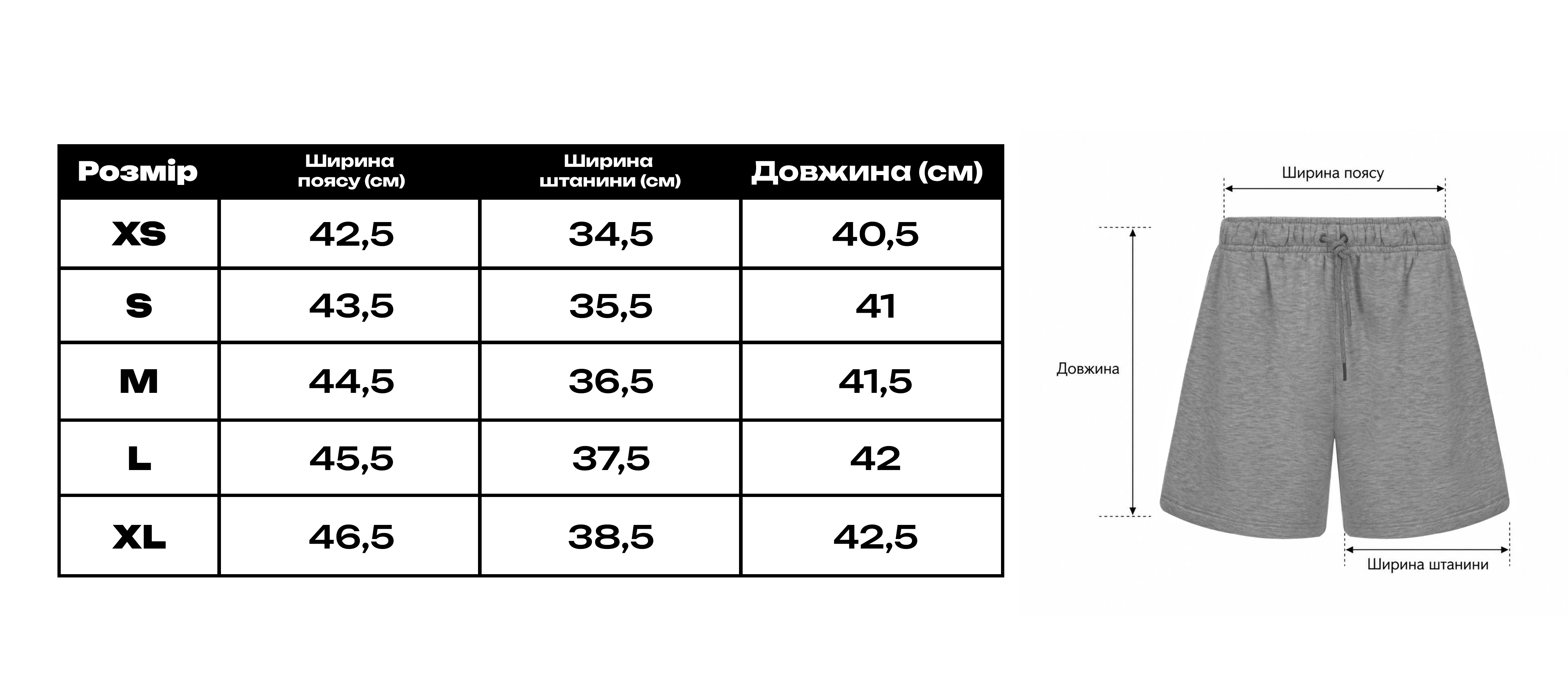 Шорти Базові — розмірна схема